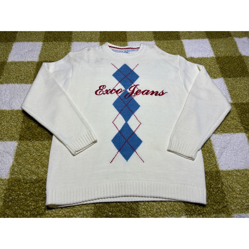 Vintage Exco Jeans Argyle Knit Sweater Off White Blue Red XL‎ 280503 Streetwear